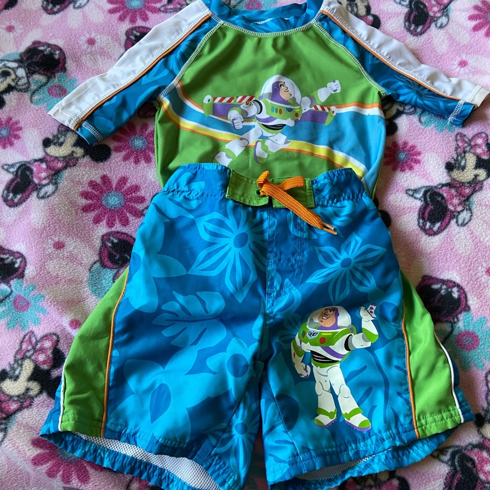 Buzz Lightyear swim shirt and trunks.